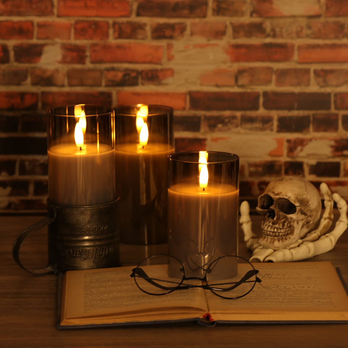 OWLZOO Set of 3 Gray Glass Flameless Candles Battery Operated with Timer and Remote, Flickering Glass LED Pillar Candles Battery Powered, Real Wax, D3 H4 5" 6"