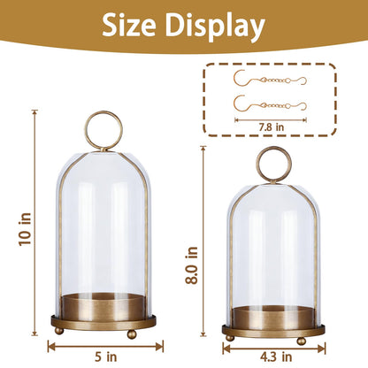 Large & Small Cloche Glass Dome Candle Holders - Glass Hurricane Candle Holder,Gold Candlestick & Lanterns Set of 2 Can Be Placed Desktop Hung,for Pillar Candles,Plants Decorative