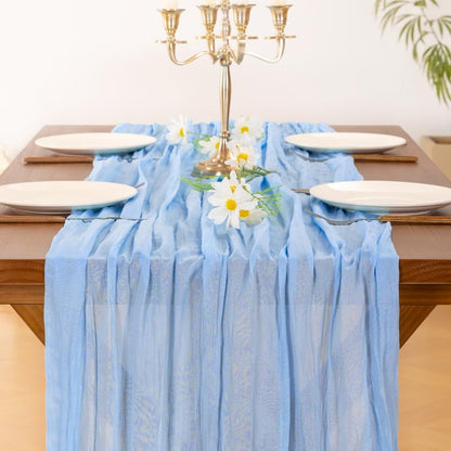 Socomi 6pcs Blue Summer Cheesecloth Table Runner Boho Rustic Gauze 120 inch 10FT Cheese Cloth Sheer Runner for Wedding Party Baby Shower Birthday Home Decor Holiday Decorations