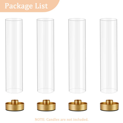 Hurricane Candle Holders Golden Taper Candle Sticks Holder, with 11" Thickened Glass Cylinder Covers Tall Candlesticks Holders Bulk Set of 4, Dining Table Centerpiece for Wedding