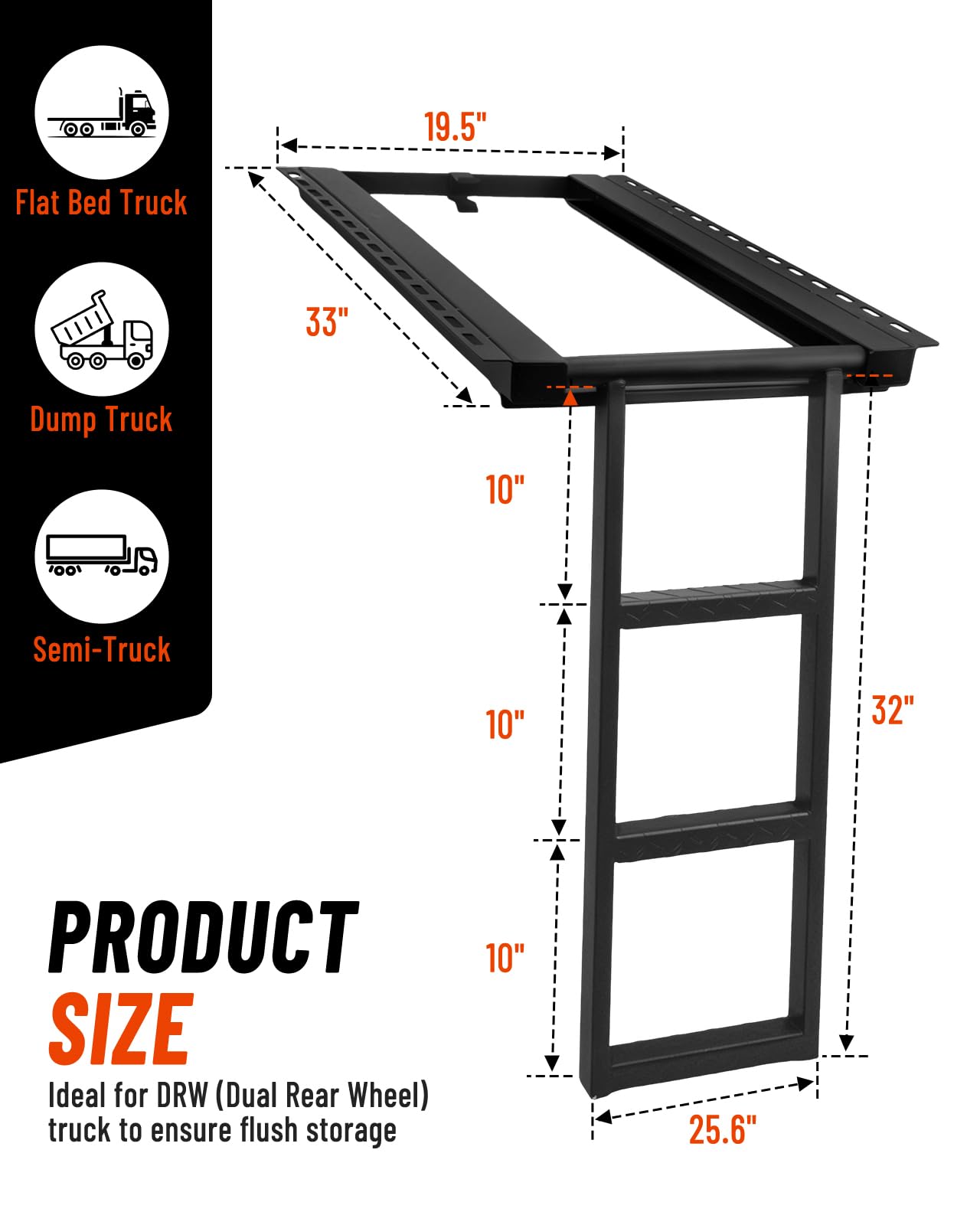 Turnirace 3-Rung Retractable Truck Bed Ladder - Heavy Duty Steel Truck Bed Step for Flatbeds, Dump Trucks & Trailers - Black Powder Coated, 32.5-Inch Extension, Bolt/Weld-On