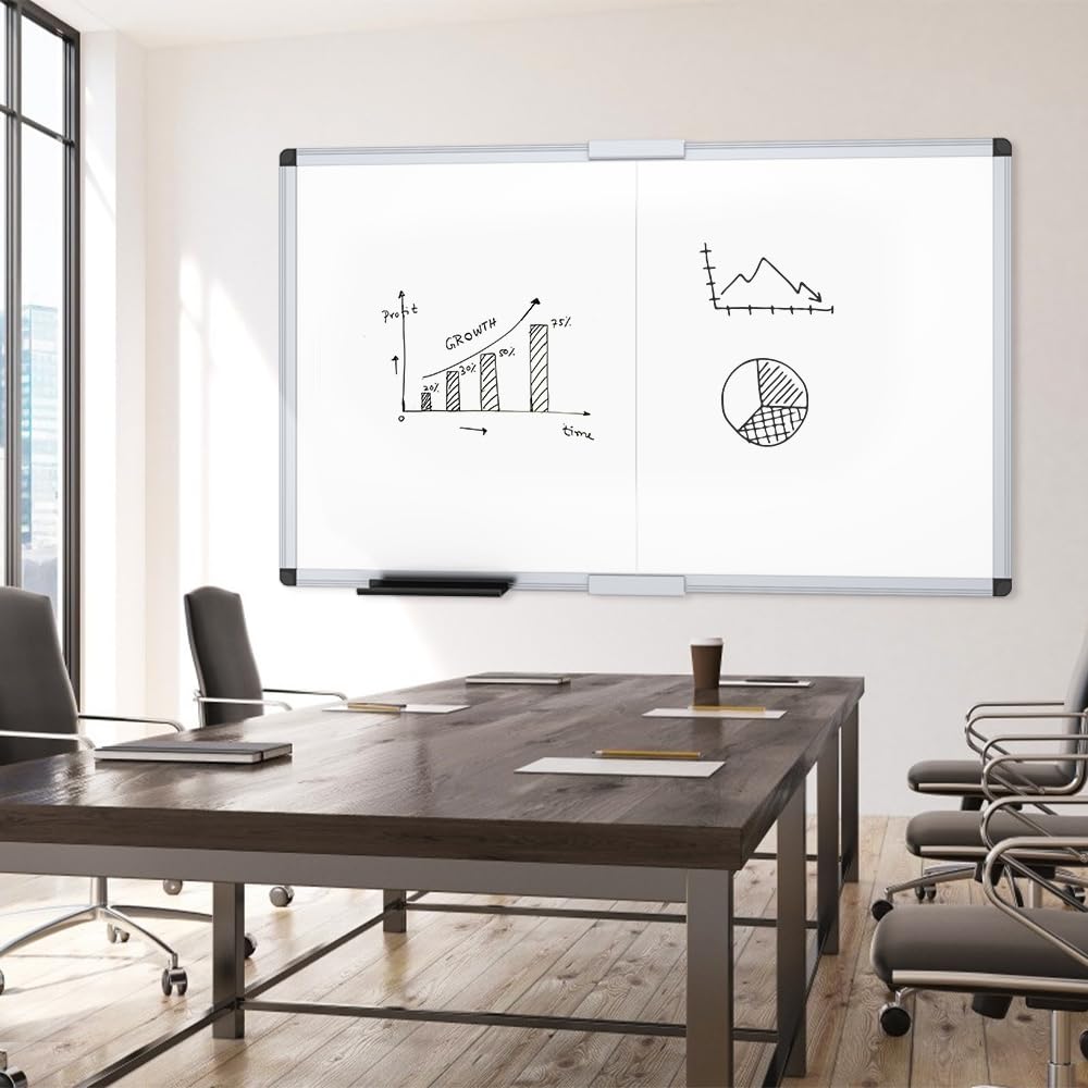 VIZ-PRO Magnetic Dry Erase Board, 60 X 48 Inches, Foldable Wall-Mounted Whiteboard with Silver Aluminum Frame & Marker Tray for School Office and Home 5' X 4'