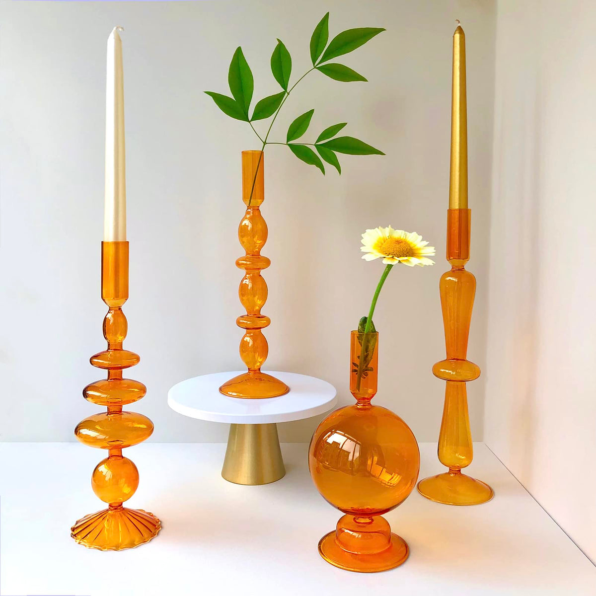Amanman Candle Stick Candle Holder, Glass Candle Holders for Table Centerpiece, Modern Style Amber Candle Holder Mixed 4pcs