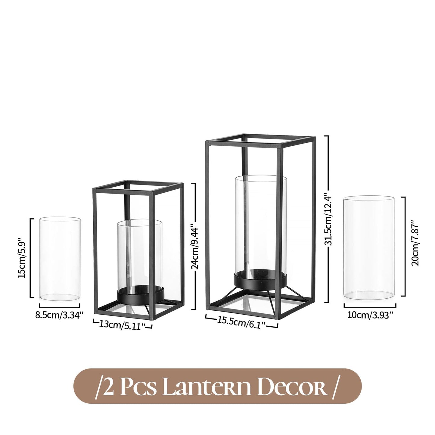 Staymoment Black Lantern Decorative Indoor Set of 2: Glass Metal Hurricane Candle Holder Modern Farmhouse Lanterns Decor Outdoor for Table Centerpiece Fireplace Wedding