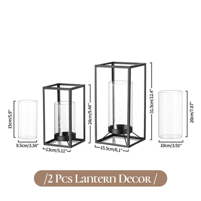 Staymoment Black Lantern Decorative Indoor Set of 2: Glass Metal Hurricane Candle Holder Modern Farmhouse Lanterns Decor Outdoor for Table Centerpiece Fireplace Wedding