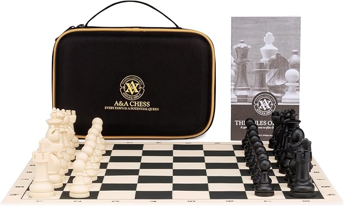 A&ampA Chess Set - 15''x15'' Foldable Silicone Chessboard and 3.25'' King Height Weighted Plastic Staunton Pieces with Carrying Case for Portable Travel