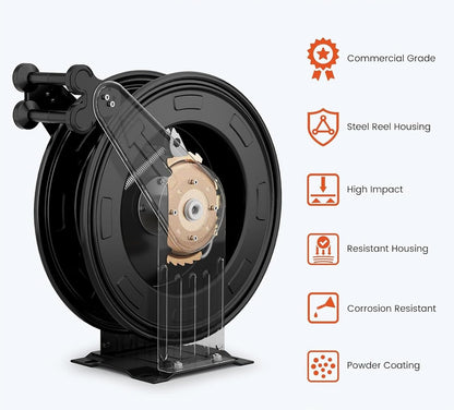 Retractable Hose Reel, Double Arm 3/8 in x 50 ft Heavy Duty Steel Professional Power Wash Hose Reel for Oil/Air/Water 4000 PSI with 5 ft Lead [Pressure cleaning hose not included ]