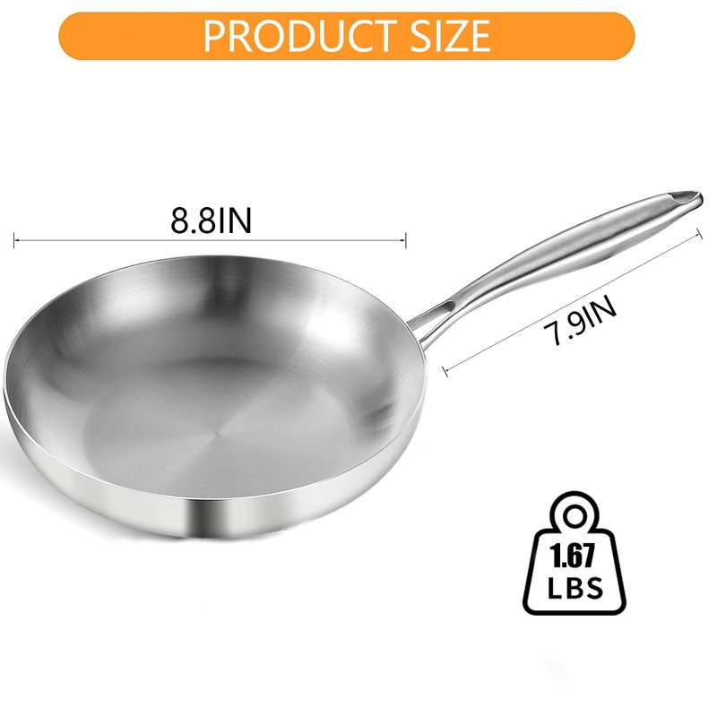 DELARLO Whole body Tri-Ply Stainless Steel 8inch Small Frying Pan, Chef's Pans Oven safe induction kitchen skillet,Suitable for All Stove (Detachable Handle)