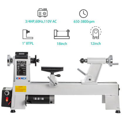 CXRCY 12" x 18" Wood Lathe, Benchtop Wood Lathe Machine 3/4 HP Infinitely Variable Speed 650-3800 RPM with Goggle for Woodworking, Woodturning