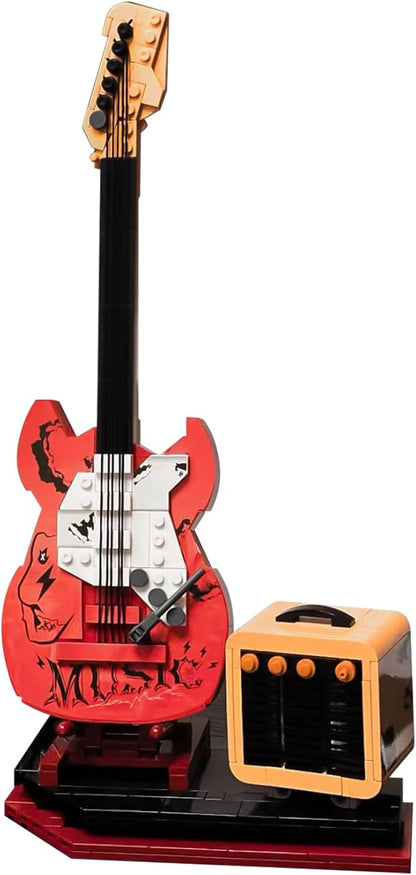Rock Guitar Interactive Building Block Set Creative Construction Model Toy with Display Stand DIY Collectible for Home Decor for Adults (No Bluetooth Function)