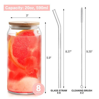 HOMBERKING Glass Cups with Bamboo Lids and Straws 8pcs Set, 20oz Cups, Beer Glasses, Iced Coffee Cups, Cute Tumbler with 2 Cleaning Brushes, Ideal for Cocktail, Whiskey, Tea, Gift