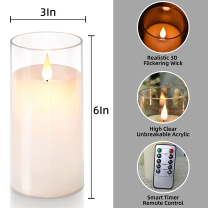 NICEME Flickering Flameless Candles with Remote Control Timer Unbreakable Acrylic Battery Operated LED Candles with Flickering Flame 3D Wick for Romantic Ambience Home Decor Set of 3, D3” xH6”