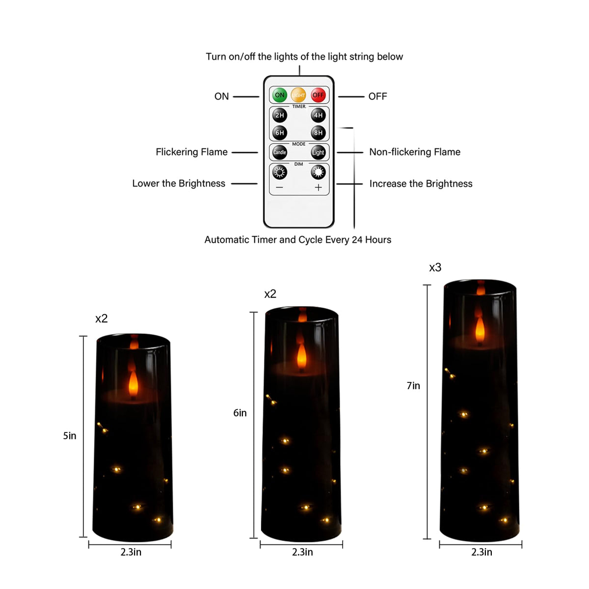 Eebuss Flameless Candles with Embedded Star String, Battery Operated LED Pillar Candles with Timer and Remote Control,Home Decorating for Ambiance， Set of 7(Black)