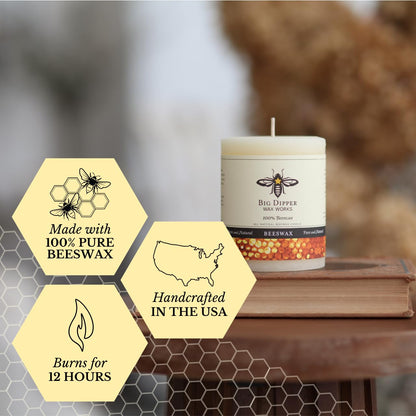 Big Dipper Wax Works Ivory Beeswax Pillar Candle 3" x 3.5" – 60-Hour Burn, Non-Toxic & Clean Burning, Pure Beeswax, Handmade in USA