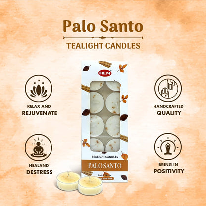HEM Palo Santo Scented Tealight Candles (10 Pack, 5 Hr Burn) - Natural Soy, Non-Toxic, Long Lasting, No Smoke