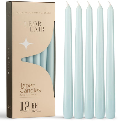 Leor & Lair Light Blue Taper Candles - 12 Pack 10" Light Blue Candlesticks - Unscented Candle Sticks for Winter Home Decor, Easter Dinner, Weddings, Restaurants & Events