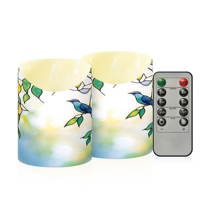 Flameless Candles Set of 2 Bird Leaf Stained Glass Realistic LED Candles with Remote Battery Operated Holiday Decorations
