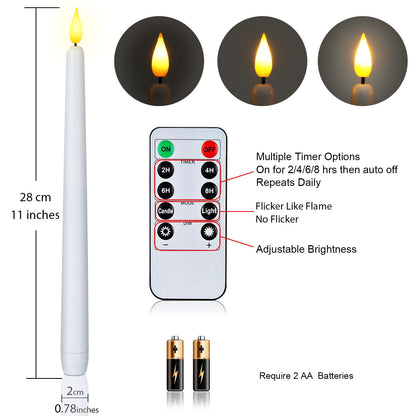 Homemory 12 Pcs Flameless Taper Candles with Remote Timer Dimmer, 11 inches White LED Taper Candles, Plastic Battery Operated Candlesticks with Flickering Flame for Halloween Christmas Wedding Party