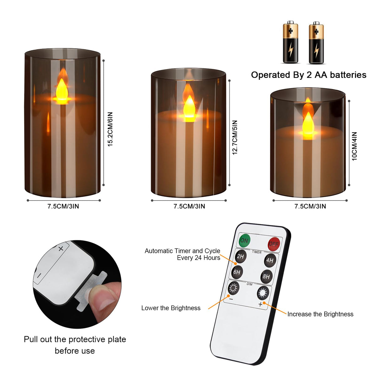 Flameless Candles 4" 5" 6" Acrylic Glass Pillars 3" Diameter Battery Operated Flickering Candles Include Remote with 24Hour Timer Function 400+ Hours by 2 AA Batteries (Gray, Warm Light 6 Pack)