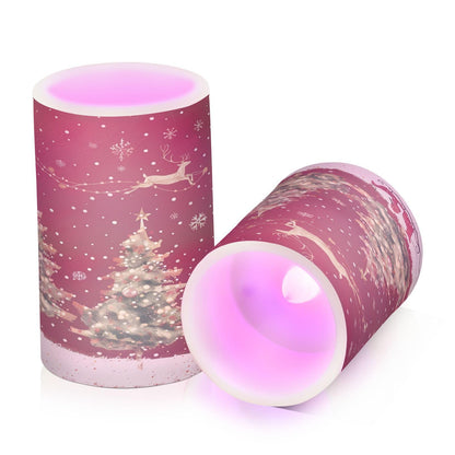 Christmas Lights Flameless Candles Christmas Trees Reindeer Pillar Candles Set of 2 Battery Operated Remote Control Warm Lights Home Decor