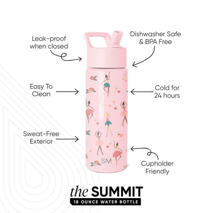 Simple Modern Kids Summit Water Bottle with Straw Lid | 18oz Stainless Steel Cup Insulated Tumbler for Toddlers, School | Pink Ballerina