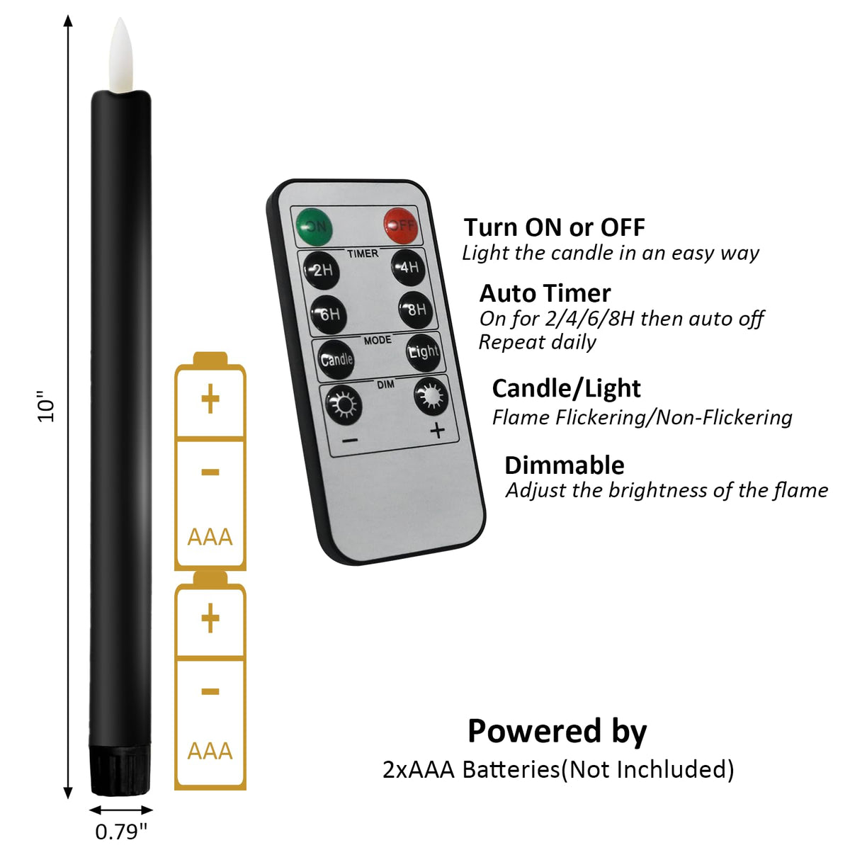 Sunjas 6PCS Flameless Taper Candles with 3D Flickering Flame Battery Operated Candles with 2 Remote with Button Cell Battery 10 Inch Black LED Candlesticks Window Candle for Christmas Home Decor