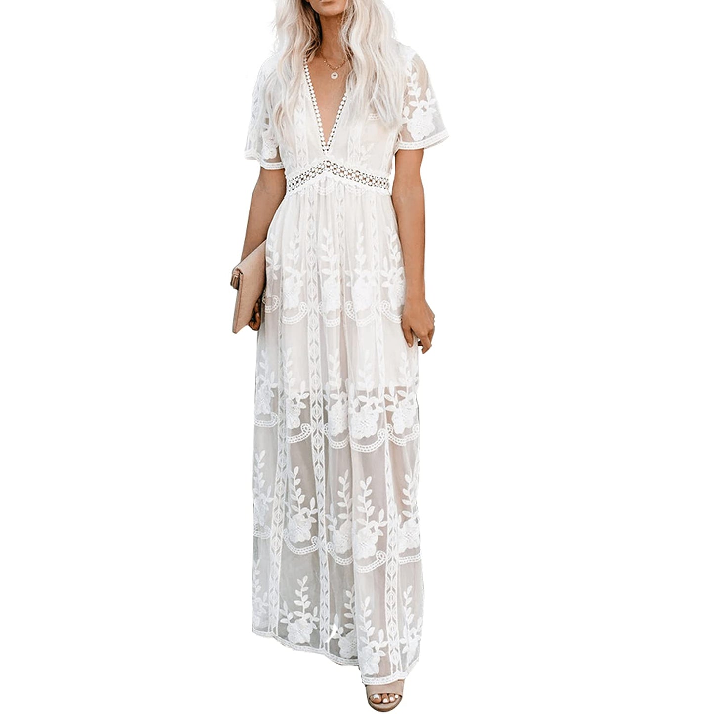 Womens Deep V Neck Short Sleeve Floral Lace Dress Long Bridesmaid Maxi Dresses