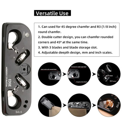 HONGDUI DJ11S 2-in-1 Chamfer & Radius Plane,1/32"(5mm) Depth Adjustable, Aluminum Alloy Edge&Radius Chamfering Plane, 3 Blades with 12 Cutting Edges for Use Woodworking Tool-1 Pcs