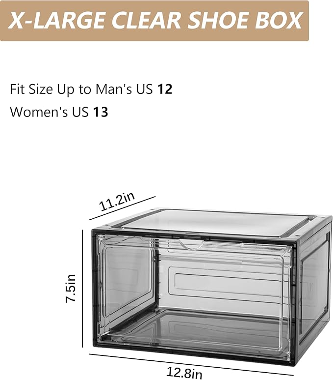 Clear Shoe Box Plastic Stackable Upgraded 6 Pack Shoe Storage Box Organizer with Clear Large Magnetic Door for Display Sneakers Easy Assembly White