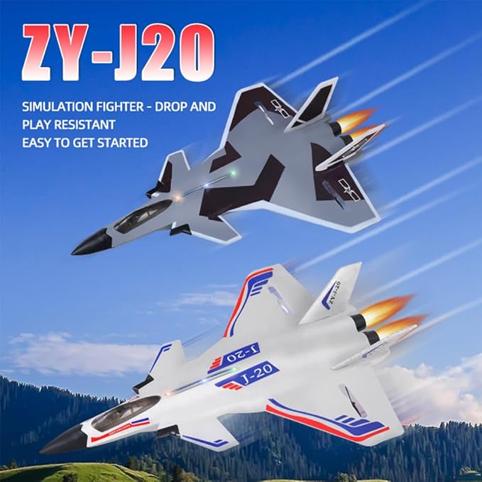 Remote Control Plane RTF J-20 Fire Fang 2.4Ghz 6-axis Gyro RC Airplane with Light Strip Jet Fighter Toy Gift for Kids Beginner (Stealth White)