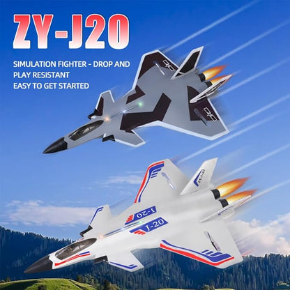 Remote Control Plane RTF J-20 Fire Fang 2.4Ghz 6-axis Gyro RC Airplane with Light Strip Jet Fighter Toy Gift for Kids Beginner (Stealth White)