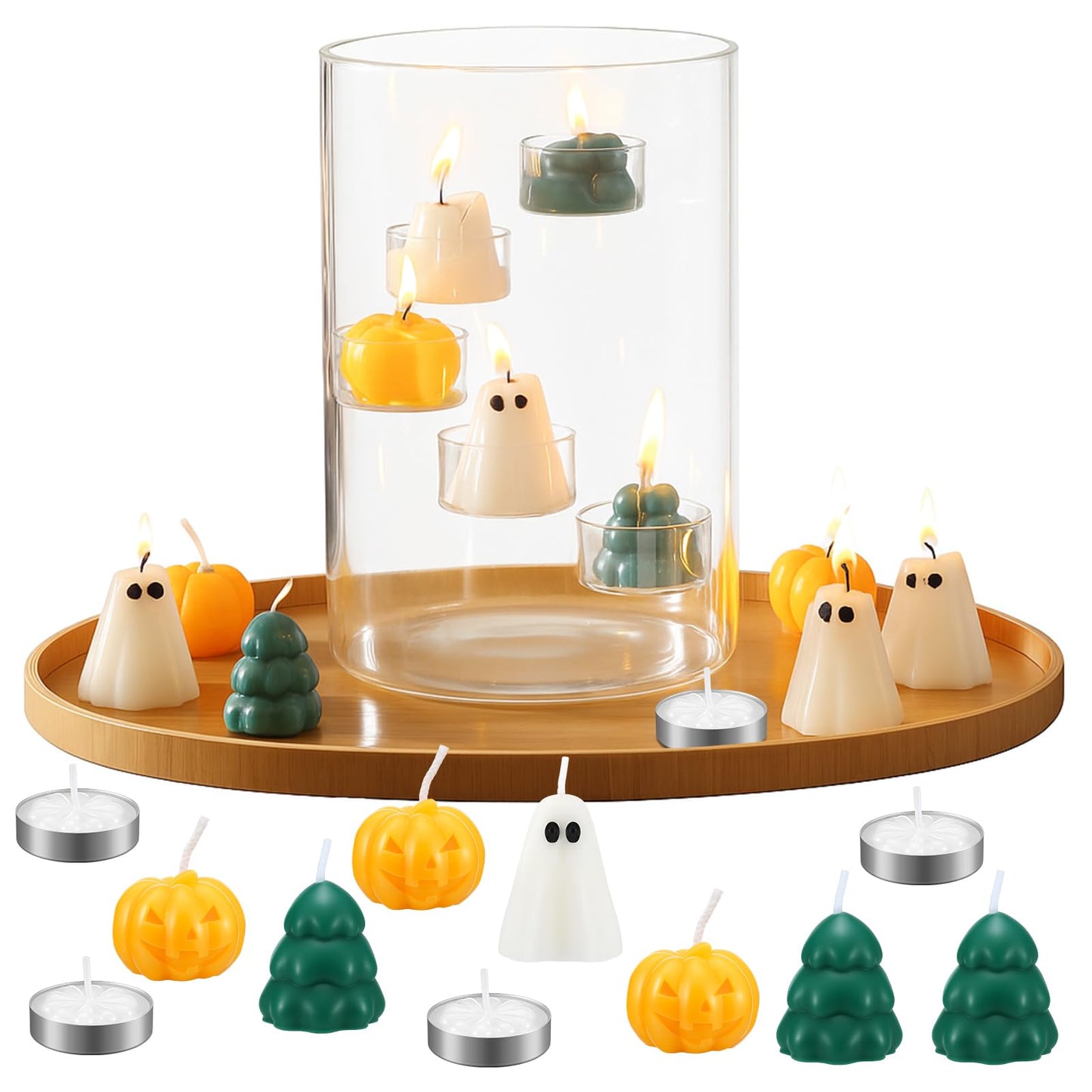 Reallnaive Halloween Glass Hurricane Candle Holder with Candles and Tea Light Clear Cylinder Pillar Candle Holder for Halloween Table Centerpiece Decorations(23 Candles,Three Style)
