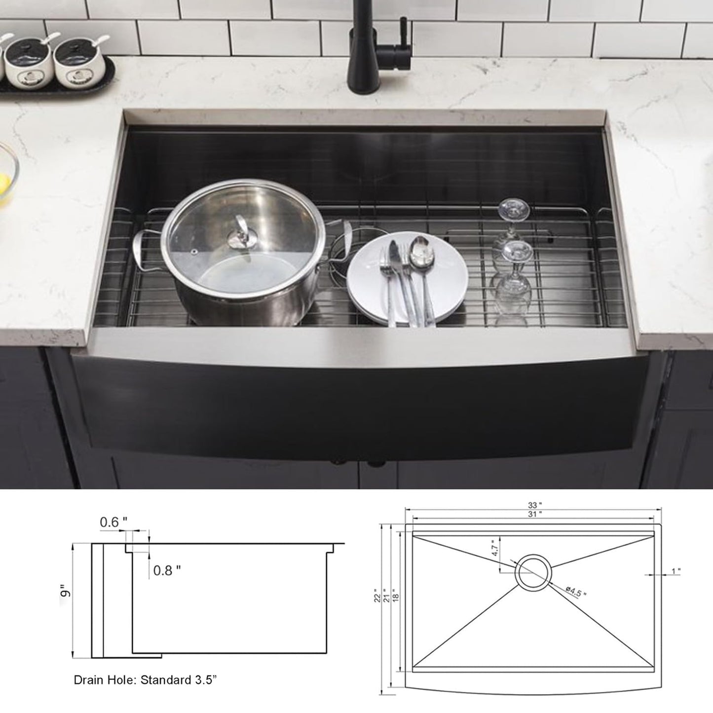 HOTIS 33 Inch Black Farmhouse Sink, Undermount Gunmetal Black Workstation Apron Front Kitchen Sink, 33 x 22 Stainless Steel Farm Sink 16 Gauge 9 Deep Single Bowl Kitchen Sink with Cutting Board