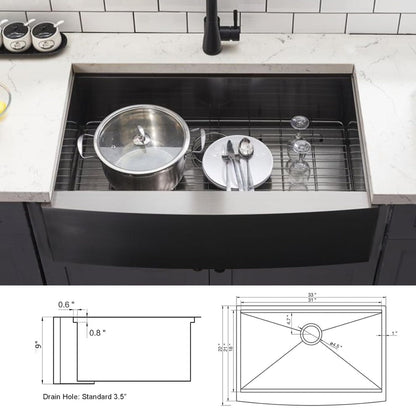 HOTIS 33 Inch Black Farmhouse Sink, Undermount Gunmetal Black Workstation Apron Front Kitchen Sink, 33 x 22 Stainless Steel Farm Sink 16 Gauge 9 Deep Single Bowl Kitchen Sink with Cutting Board