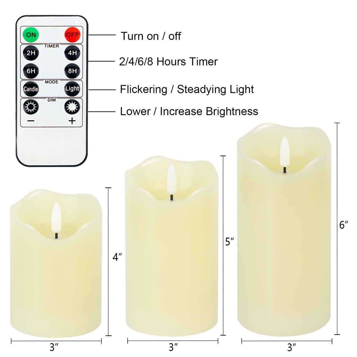 Warmhere Flickering Flameless Candles, Realistic LED Candles Battery Operated with Remote and Timer, Ivory Real Wax Pillar Candle for Christmas Home Wedding Party Decorations, Set of 3