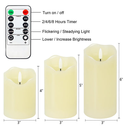 Warmhere Flickering Flameless Candles, Realistic LED Candles Battery Operated with Remote and Timer, Ivory Real Wax Pillar Candle for Christmas Home Wedding Party Decorations, Set of 3