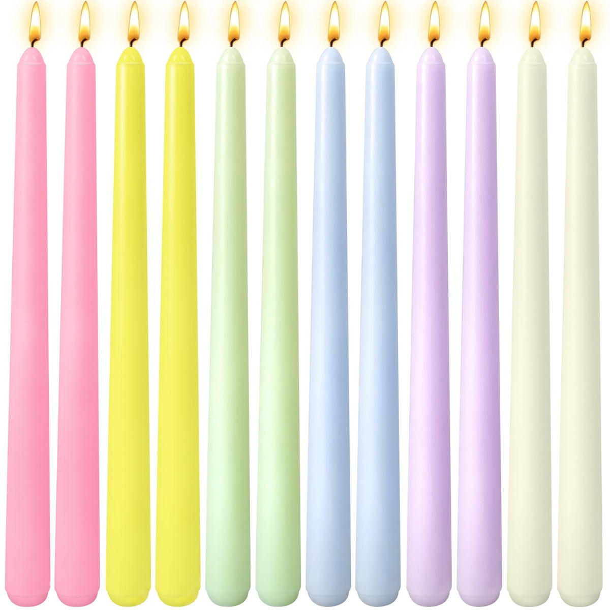 12 Pack 10 inch Candy-Color Taper Candle Set for Holiday Dinner Party, Unscented Long Candlesticks, Dripless and Smokeless, 7-8 Hours Burn