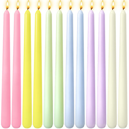 12 Pack 10 inch Candy-Color Taper Candle Set for Holiday Dinner Party, Unscented Long Candlesticks, Dripless and Smokeless, 7-8 Hours Burn