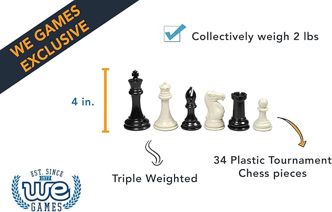 WE Games Tournament Chess Set with Deluxe Blue Canvas Bag Triple Weighted Chess Pieces with 4.0 inch King Vinyl Roll-Up Chess Board 20 inches Travel Chess Set for Adults