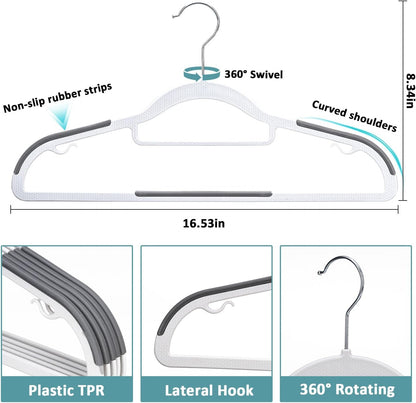 Skiennix 30-Pack Plastic Clothes Hangers - Space-Saving, Non-Slip, 360° Swivel Hook, Slim Design in White & Dark Gray