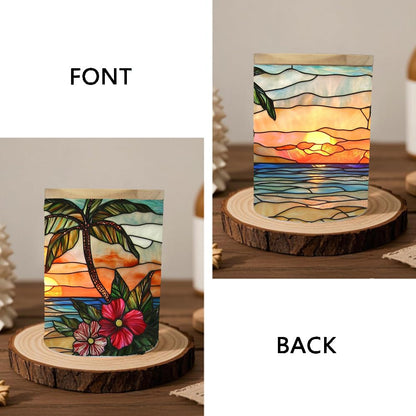 Stained Glass Seascape Tea Light Candle Jar for Home Decoration, Flowers Tealight Candle Holders with Bamboo Lid, Palm Trees Candle Candlestick for Thanksgiving Christmas Birthday