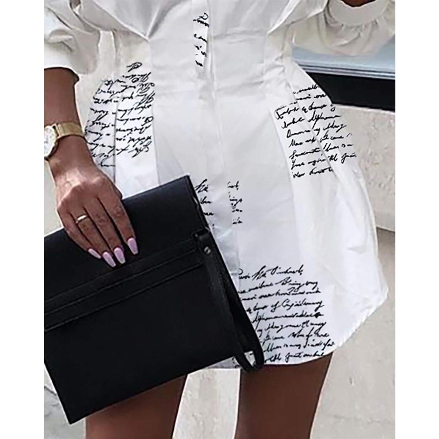 IyMoo Womens Casual Long Sleeve V Neck Button Down Fitted Shirt Mini Dress with Belt Letter White M