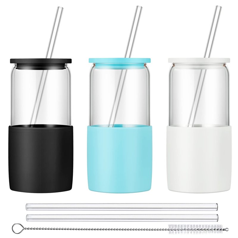 Sunseeke Glass Tumbler with Straw and Lid, 16oz Ice Coffee Cup, Silicone Sleeve Cleaning Brushes, Drinking Glasses for Water, Iced Coffee, Smoothie -BPA Free -3Pack