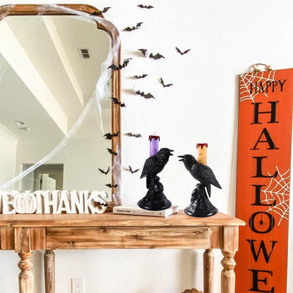 2Pack/Set LED Raven Halloween Flameless Candles, Black Crow Skull Statue Candlestick, Purple and Orange Glowing Light Flickering Candle Holder Halloween Table Lamp Scary Ornaments Home Decorations
