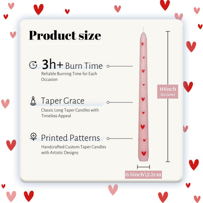 Taper Candles 10 Inch Print Candle Handmade Unscented Red Heart Long Candles 2 Pack Twisted Candlesticks for Wedding Home Decoration Gifts