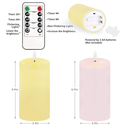 Pastel Flameless Candles, Set of 2 6"x3" Flickering Spring LED Candles with Remote & Timer, Dimmable Real Wax Easter Pillar Candles Battery Operated, Electric Candles for Home Spring Easter Decor