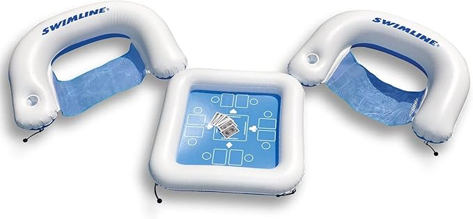 SWIMLINE ORIGINAL Inflatable Game Table Station With Waterproof Playing Cards &amp Two Inflatable Sling Chairs W/ CupHolders | Double Sided Game Set | Poker &amp Card Games | Chess &amp Checkers