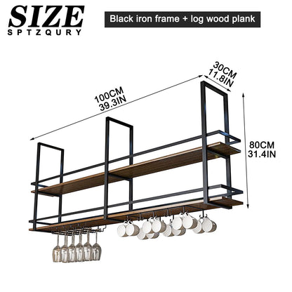 Ceiling Wine Glass Rack - 39.3in Hanging Wine Rack with Glass Holder and Shelf, 2 Layer Industrial Hanging Wine Bottle Holder, Black Metal Ceiling Shelf for Bar Cafe Kitchen (Black, 39.3×11.8×31.4in)