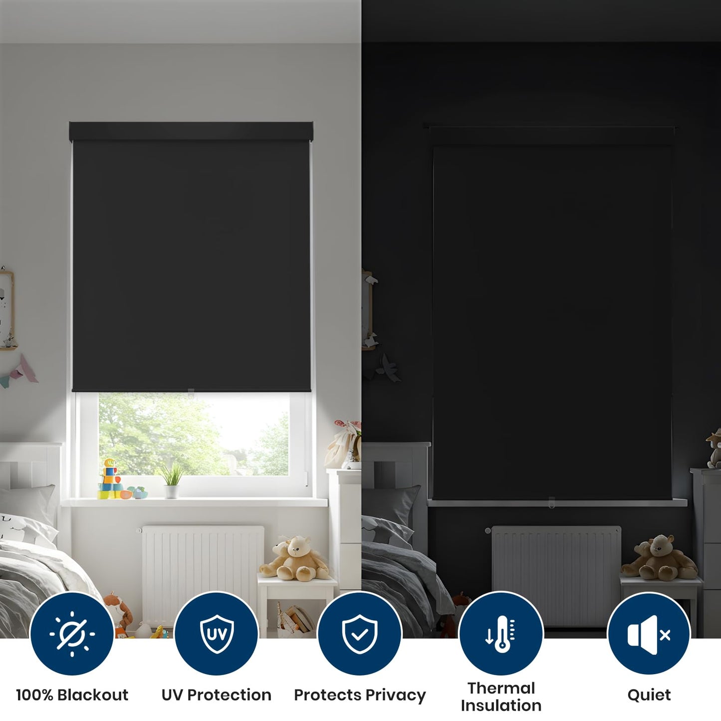 100% Blackout Roller Shades Cordless Blinds for Indoor Windows,Free-Stop Window Shades Pull Down,Thermal Insulated Fabric UV Protection,Blackout Window Guard Blinds for Home,Office,Black,30" W x 72" H