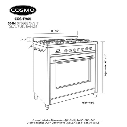 COSMO F965 36 in. Stellar Collection 4.4 cu. ft. Dual Fuel Range, 5 Sealed Burners, 8 Function Convection Oven in Stainless Steel
